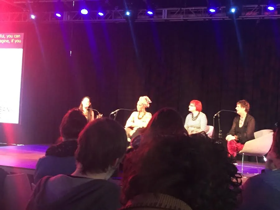 Eve Ensler (right) moderates the Bodies of Revolution panel at #WOWLDN. Panelists (left to right) were Monique Wilson , Christine Schuler Deschryver and Rada Boric