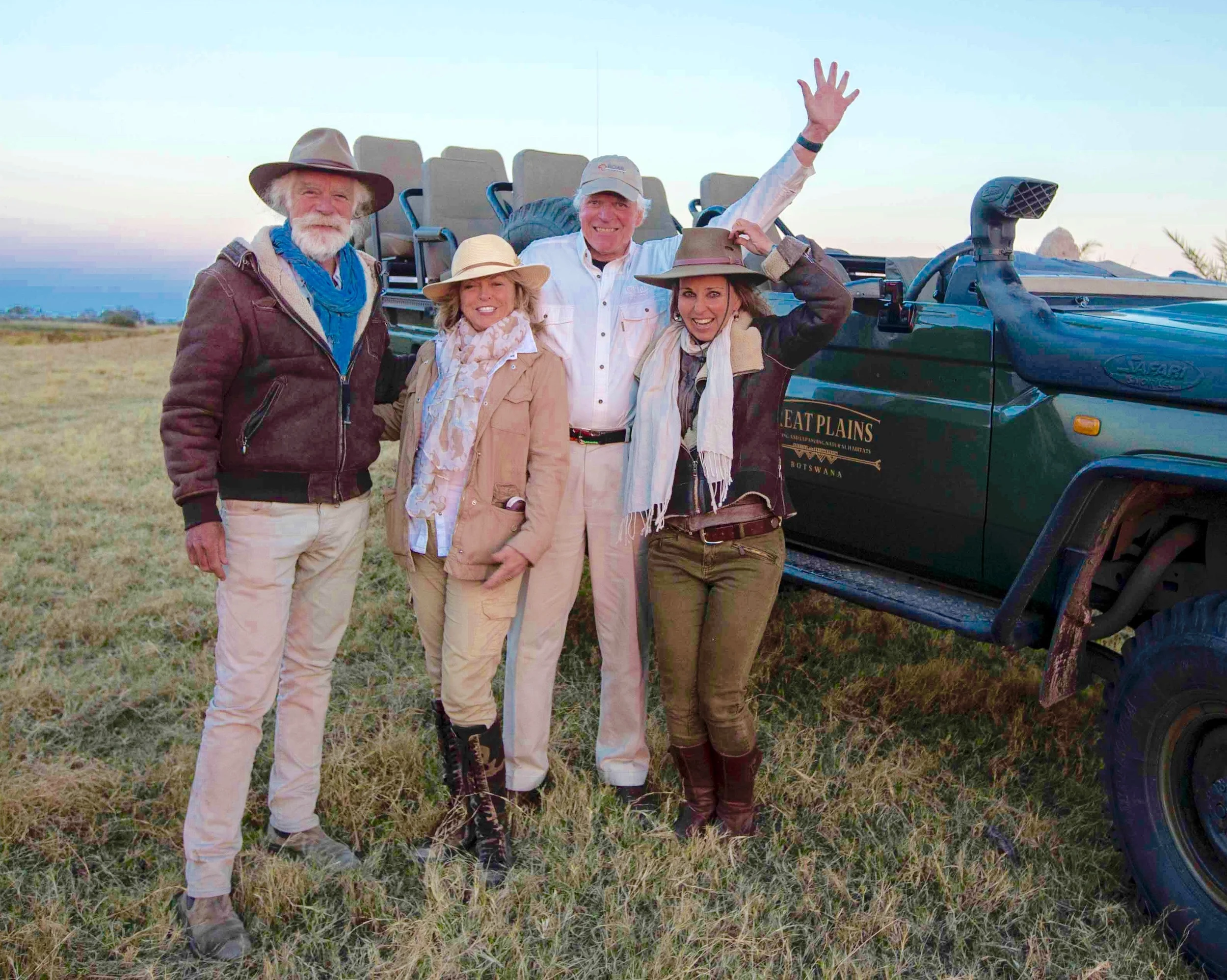 Out on a game drive: (l-to-r) Dereck Joubert, Pat Mitchell, Scott Seydel, Beverly Joubert