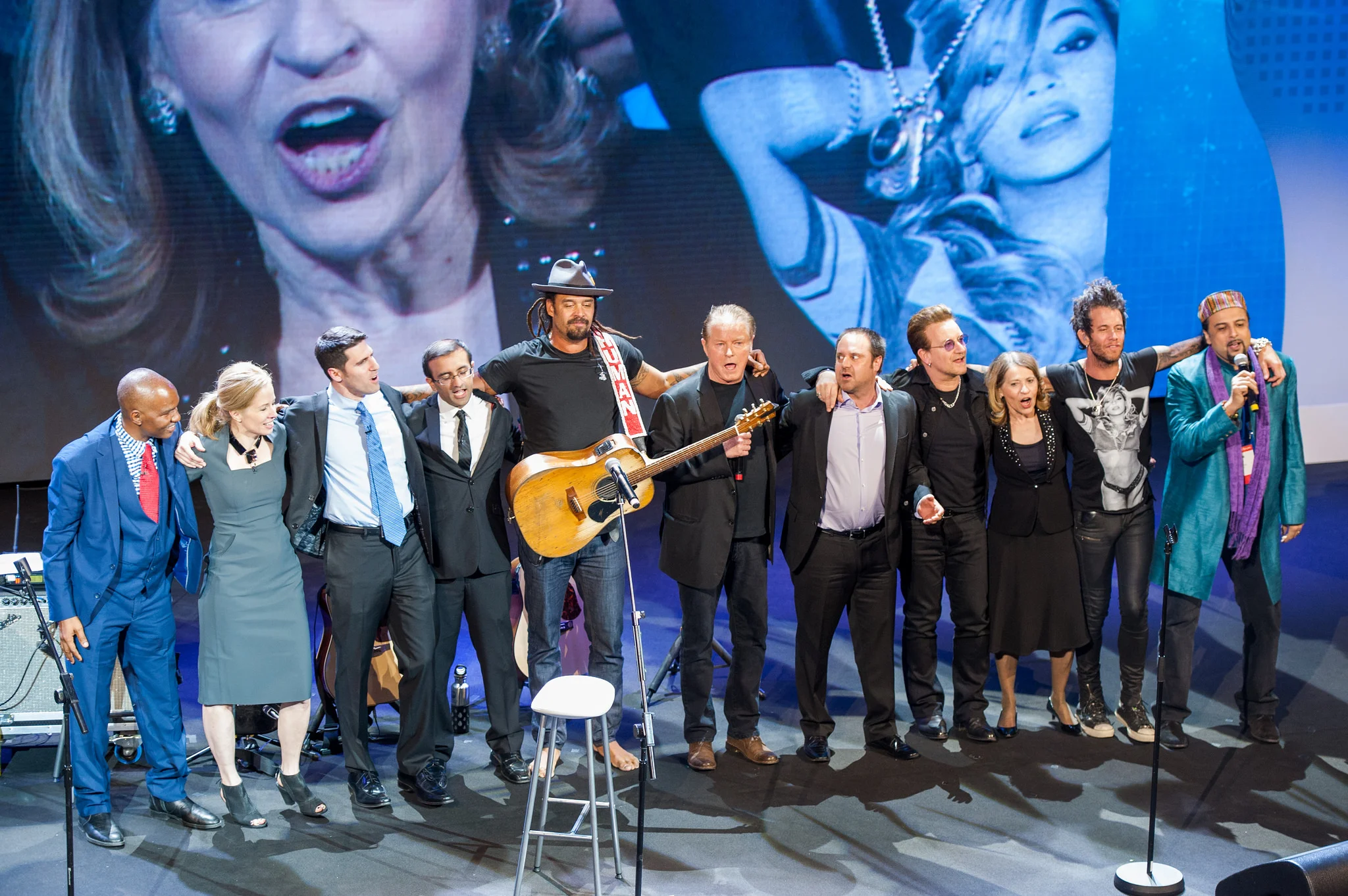 Skoll awardees with Michael Franti, Don Henley, Jeff Skoll, Sally Osberg and Bono at SWF 2017.