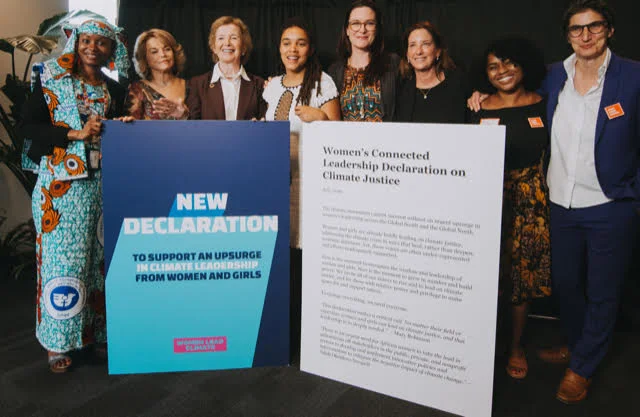 CWL Declaration on Climate Change announcement with (l-r) environmental activist Hindou Oumarou Ibrahim; CWL Forum co-convener Pat Mitchell; Mary Robinson, president of the Mary Robinson Foundation and former president of Ireland; climate activist Sarra Tekola; Dr. Katharine Wilkinson, Project Drawdown; CWL Forum co-convener Ronda Carnegie; NRDC Publications Director Mary Annaïse Heglar; and Doc Society Director Jess Search at the Doc Society Climate Story Lab.
