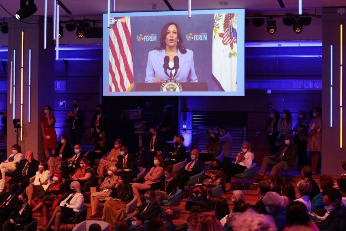 US Vice President Kamala Harris speaks virtually at the Generation Equality Forum, held in Paris, France on 30 June 2021. | UN Women/Fabrice Gentile / Flickr