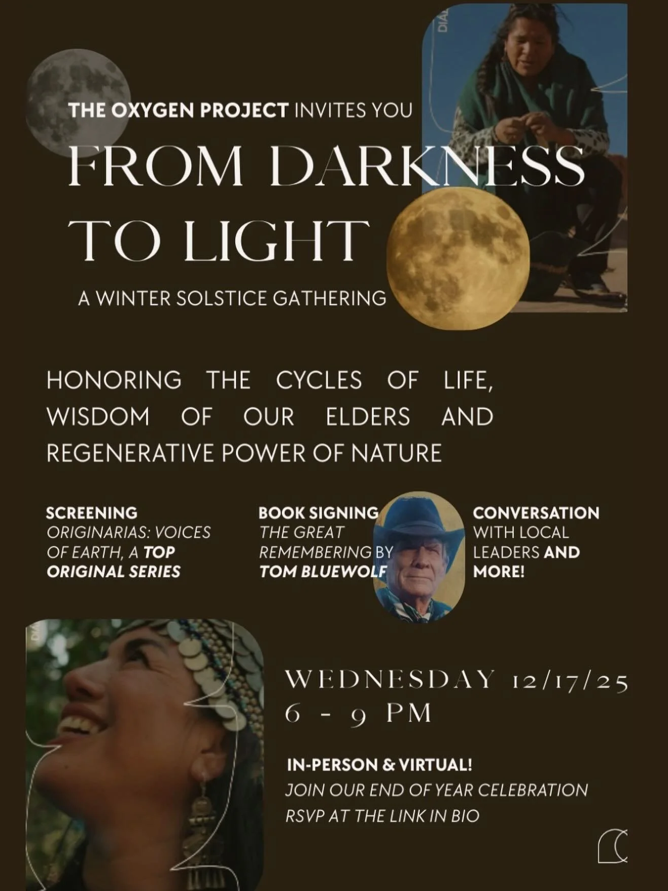 Please Join Vasser Seydel, President of The Oxygen Project, and Tom Bluewolf, Founder of Earthkeepers and Author of The Great Remembering, as we prepare for the Winter Solstice, a time to honor the cycles of life, wisdom of our elders, and the regene