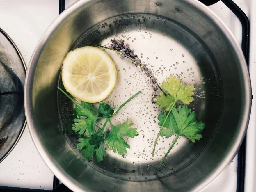 A morning ritual: warm lemon water. Sometimes I flavor with whatever other herbs I happened to have in the kitchen.