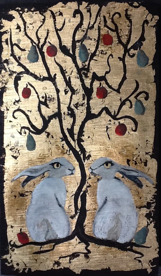 hares under apples n pears by Sally Bruce Richards