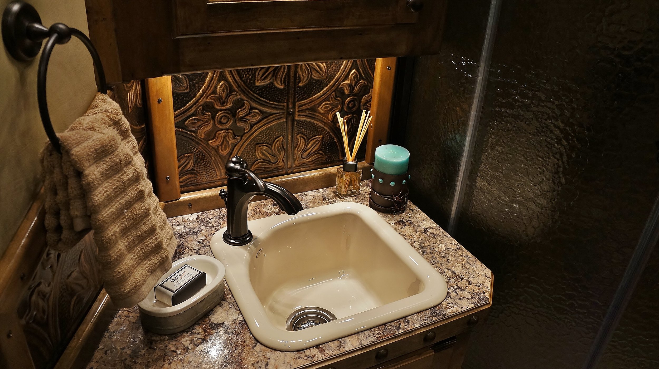 Small Deep Almond Porcelain Sink with Bronze Faucet