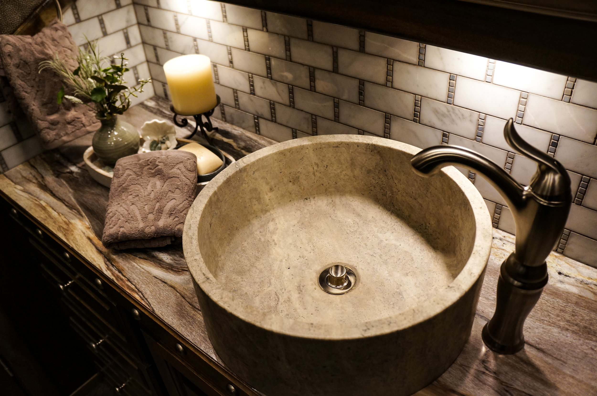 Stone Vessle Sink with Nickel Faucet