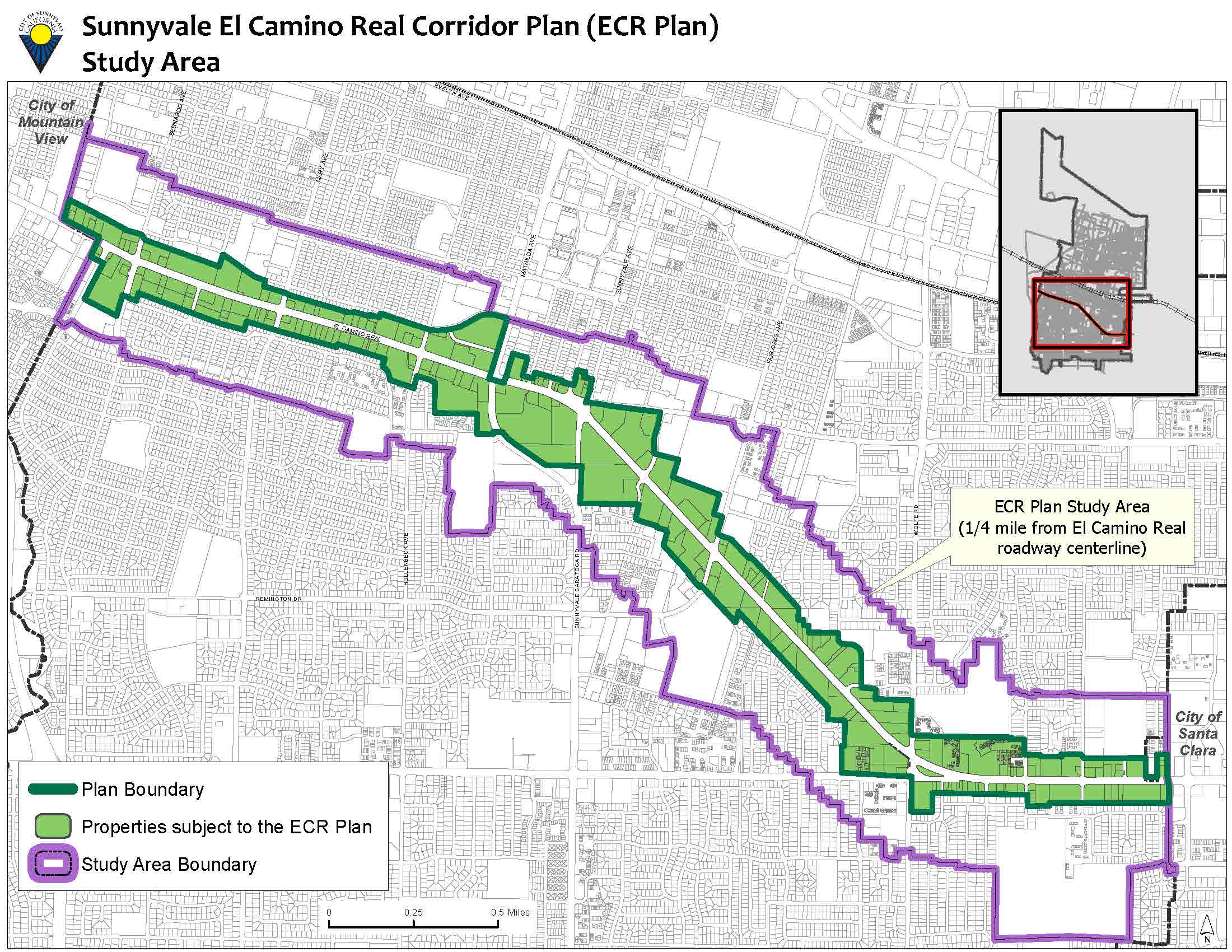 Map showing the plan's boundary, properties subect to the El Camino Real Specific Plan's provisions, and the study area boundary. Click on image to enlarge.