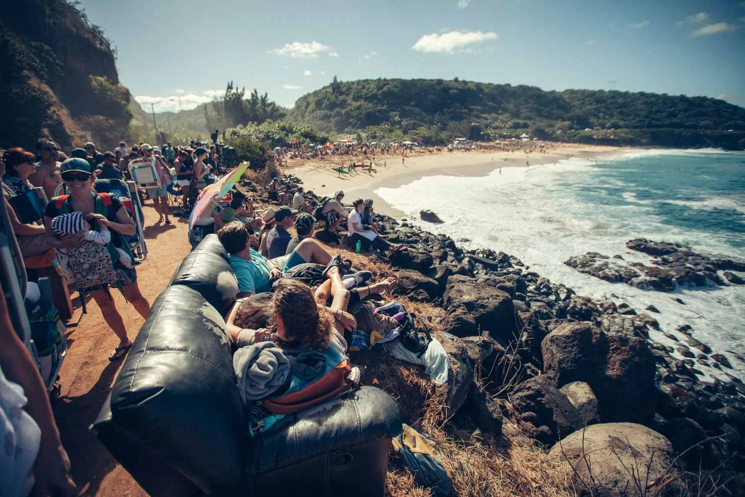 Eddie Aikau crowds gathering around the bay.