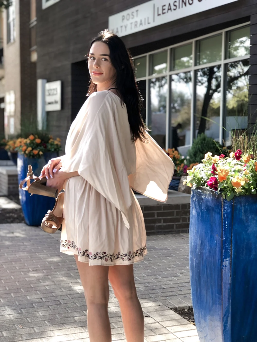 embroidered flounce dress Beige Floral Embroidered Flounce Dress With Sheer Short Sleeves main image 1