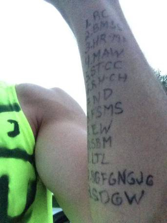 Luke’s forearm: initials of people in his life or the lives of his friends who have suffered from cancer — one for each mile he ran in the Musselman Triathlon .