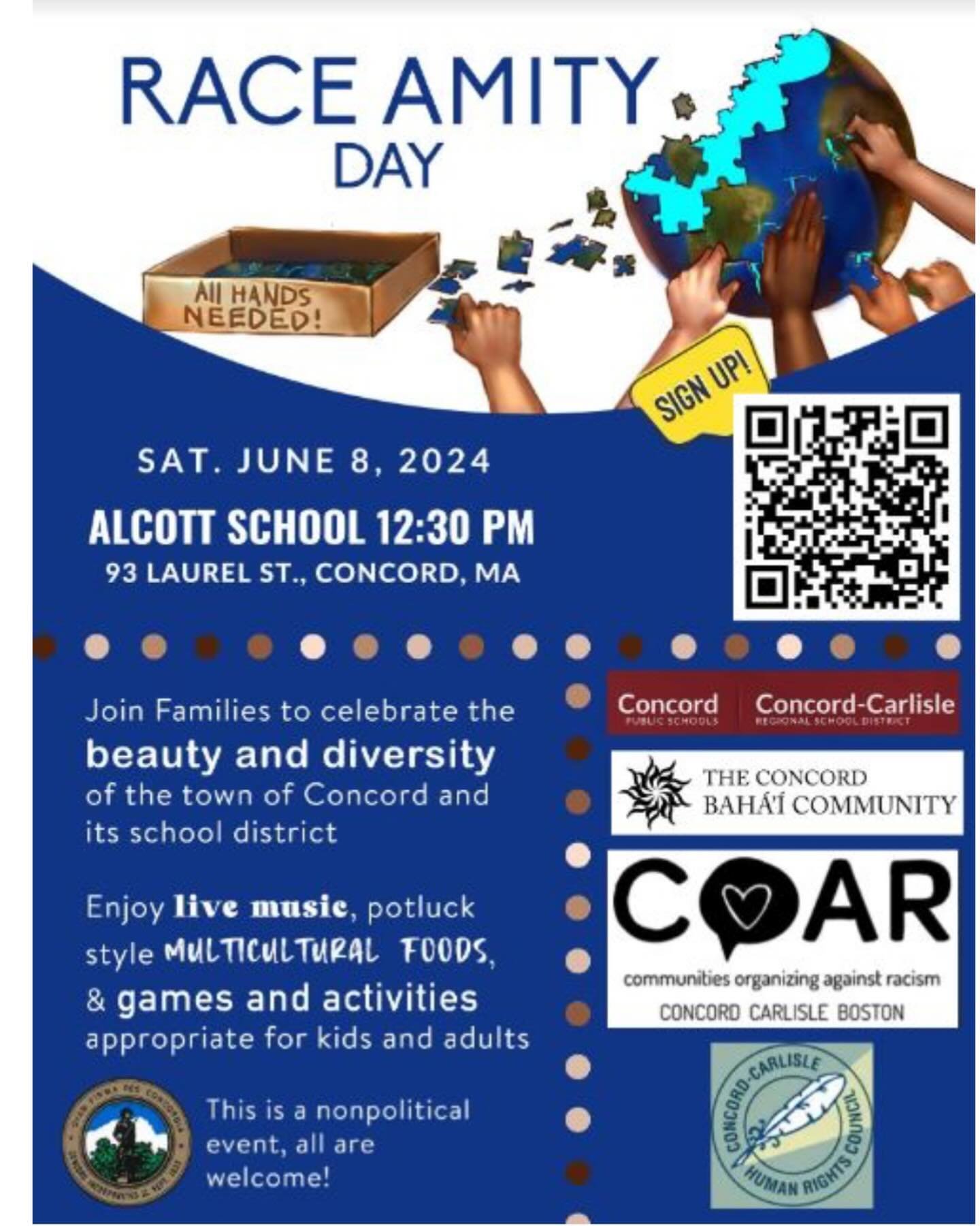The Race Amity Planning Committee is thrilled to announce the 3rd Annual Race Amity Day Community Celebration at Alcott Elementary School on Saturday, June 8, 2024, from 12:30 pm to 3:00 pm. 

They warmly invite all faculty, staff, students, families