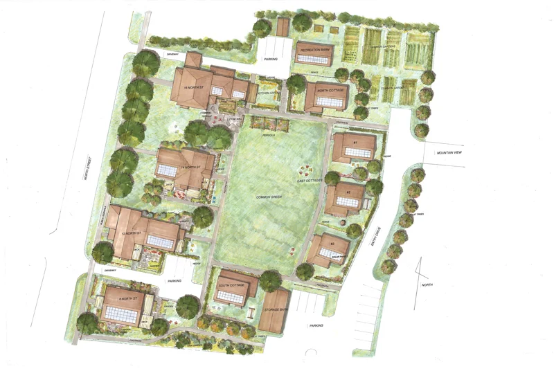 Draft rendering of site plan drawn by our landscape architect Katie Raycroft-Meyer. Building designs by Vermont Integrated Architects.
