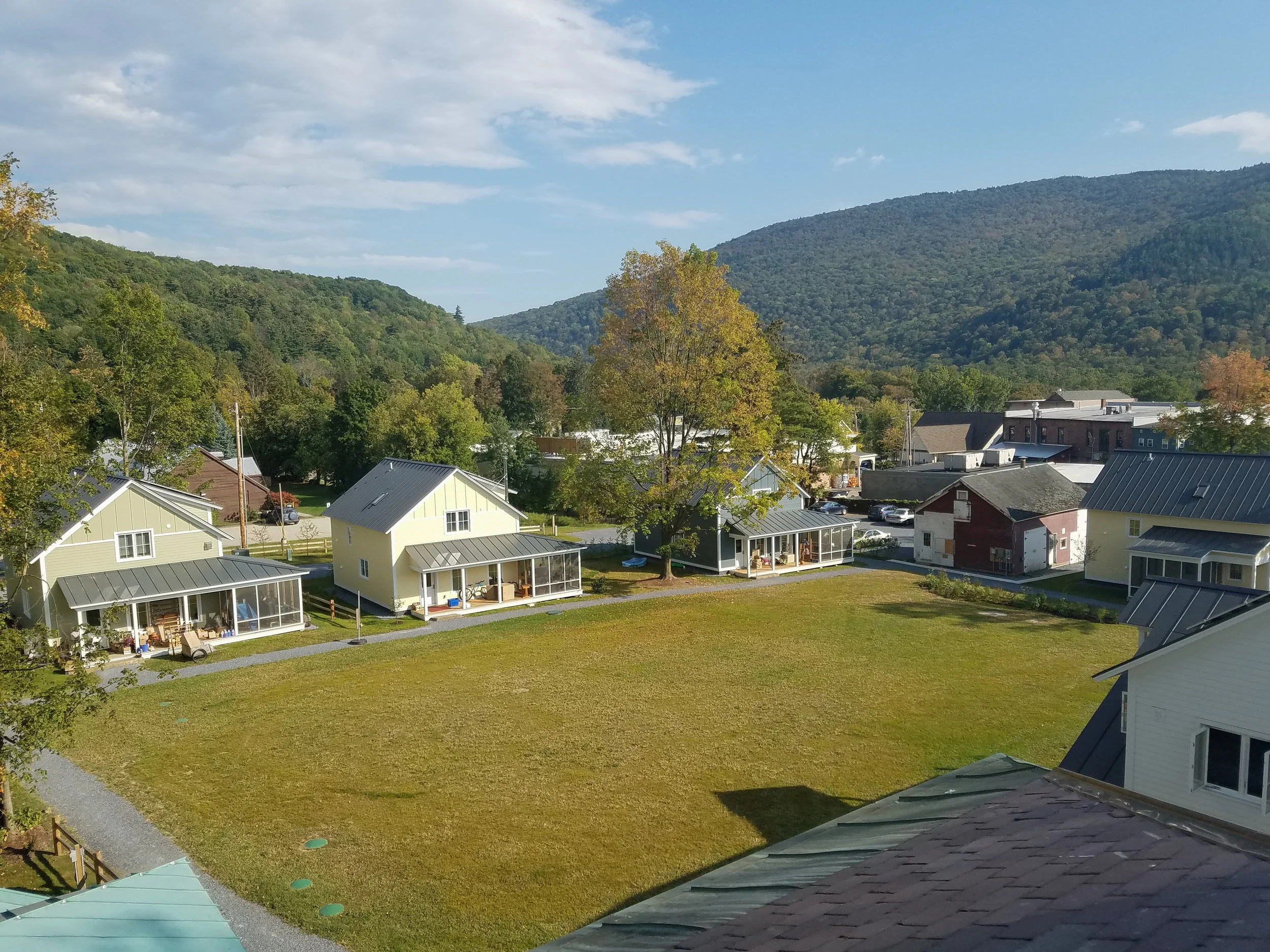 The cottages are energy efficient and the community employs rooftop solar.