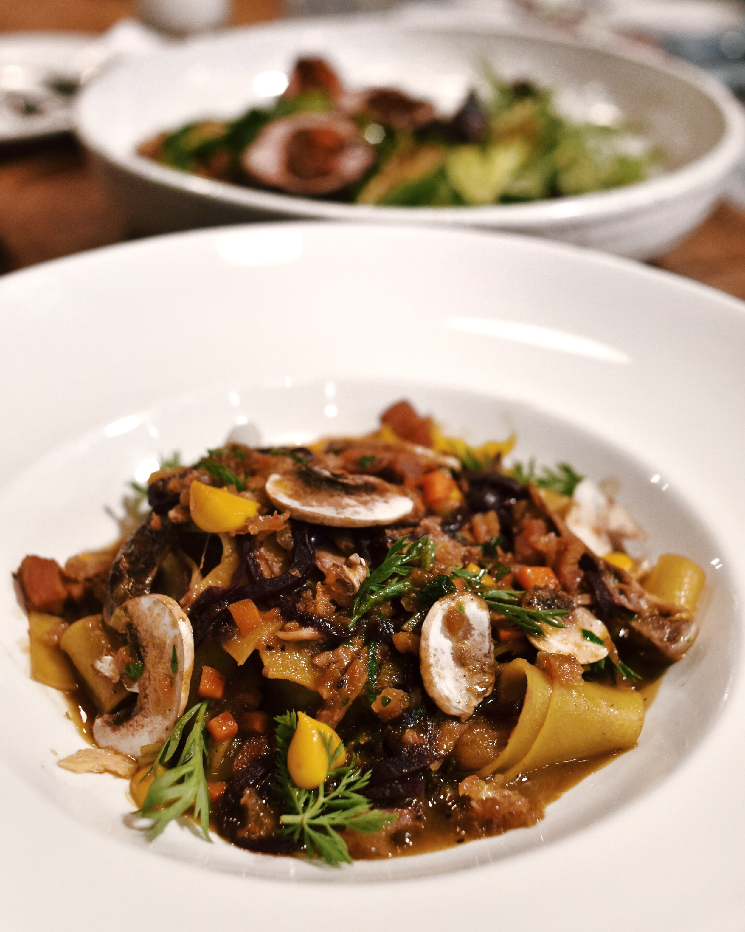 PAPPARDELLE ALA COQ AU VIN,  j. ludovico chickens braised in red wine, smoked bacon, chicken cracklings, carrots cooked in their own juices, champignon mushrooms