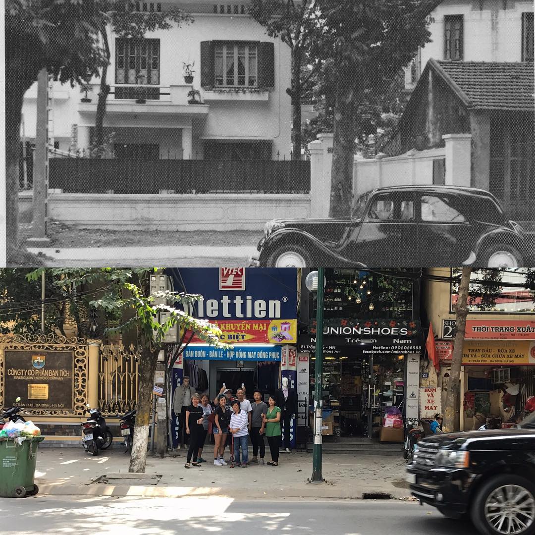 B&W photo above is Mama Le's childhood home circa 1953 and the below photo is Mama Le and her kids and friends at the same location, 64 years later. (Hanoi, Vietnam)