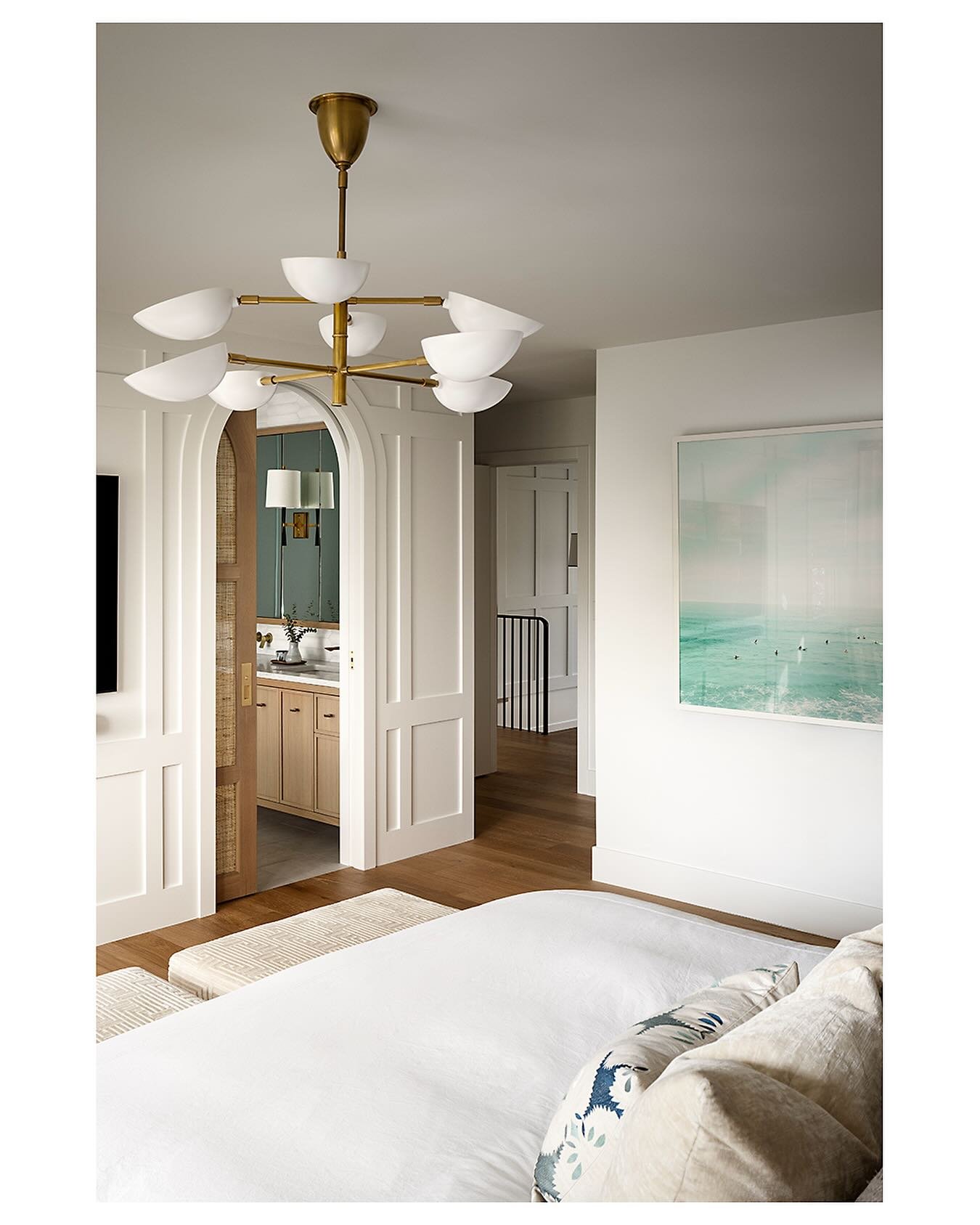 Curved pocket door with caning inserts, quiet modern comforts &amp; a beautifully curated art collection for this primary bedroom.  All in the details. 
&thinsp;
&thinsp;
#RSUrbanHomestead @mccoolrenos @visualcomfort @emmanuel72 @modernmetalproductsl