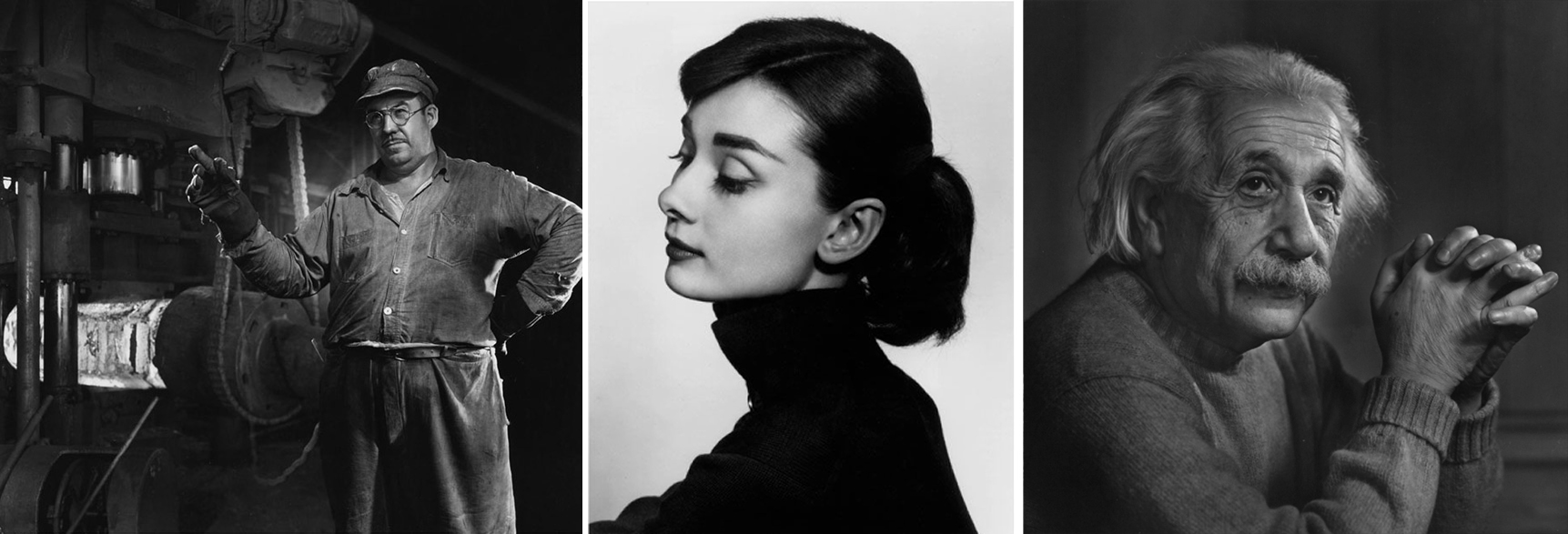 1. Operário da Ford {1950} 2. Audrey Hepburn {1956} 3. Albert Einstein {1948}