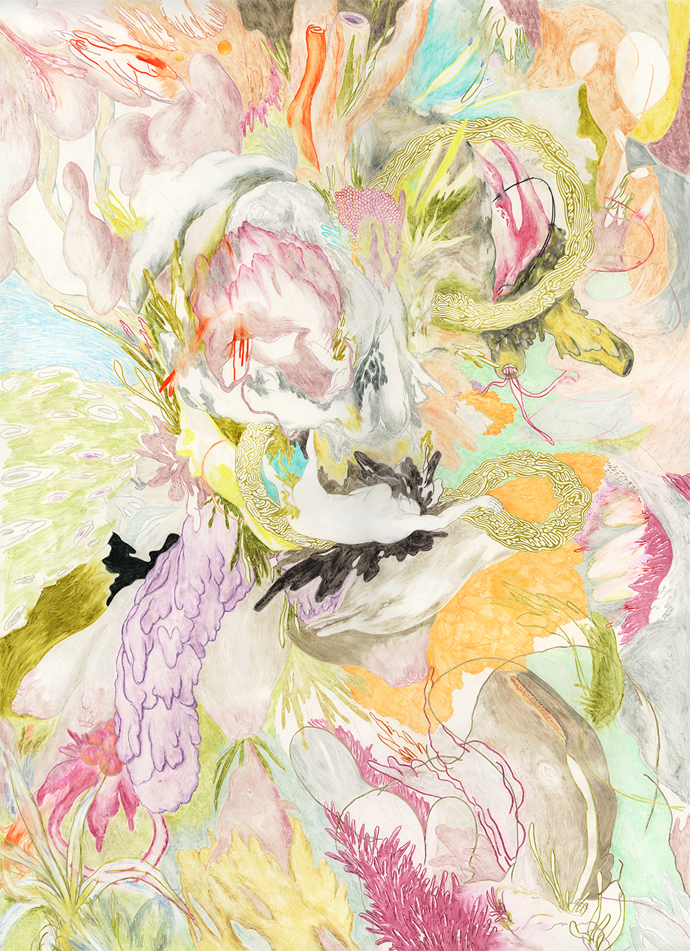 Primordial Whence We Came ooze. the fabric of our being, not stitched but spat out in massive effluviance. 35.75” x 26” prismacolor on yupo 