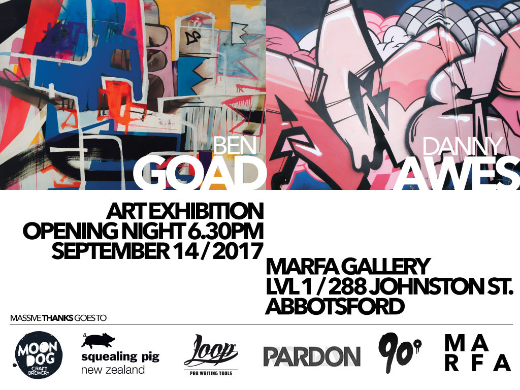 Marfa Gallery presents Ben Goad and Danny Awes showcasing their recent works in a joint exhibition. September 14 from 6:30pm. Look forward to seeing you there. Special thanks @moondogbrewing and @squealingpigwines thanks also to @studiopardon , #loopcolours and @dukeygrimo for their support.