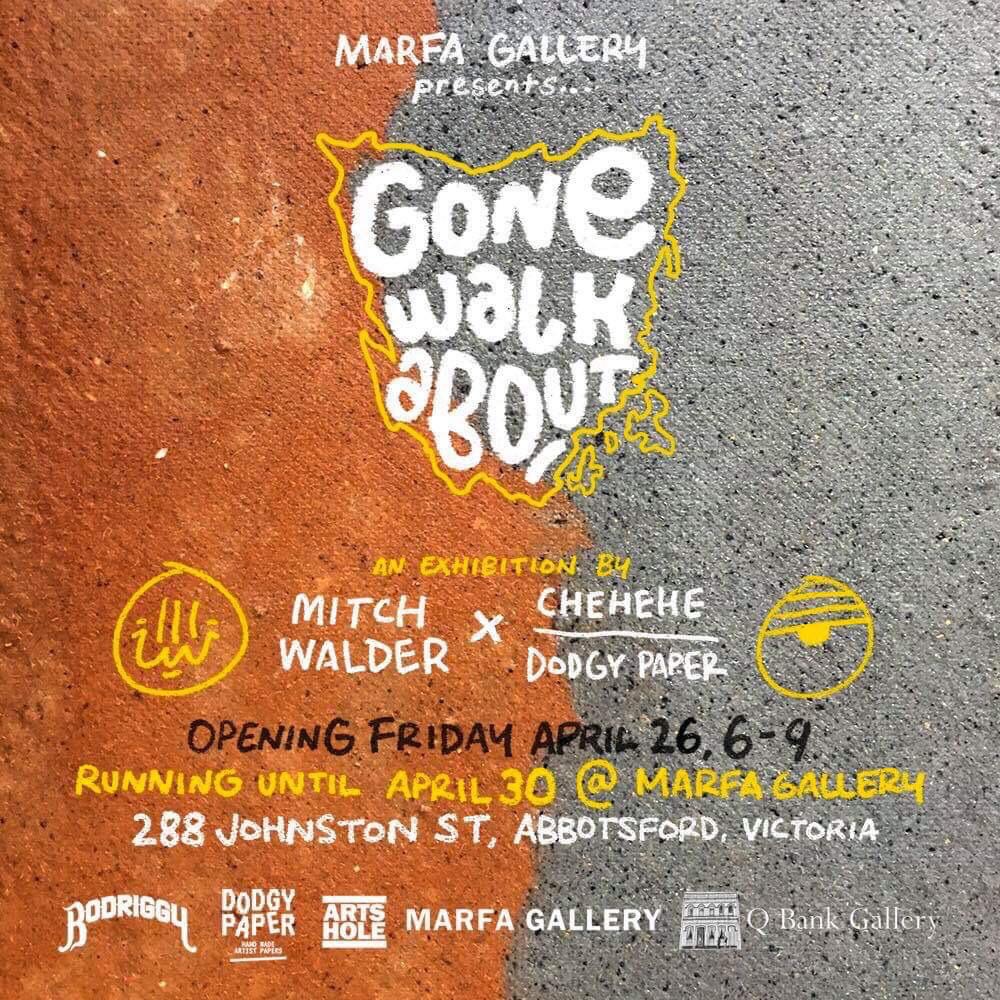 Mitch Walder & Chehehe/DodgyPaper Gone Walkabout is a joint exhibition of new works by Mitch Walder and fellow Arts Hole studio member Roger Wilkie, aka Chehehe & Dodgy Paper . The new body of work is a visual documentation from their time as artists-in-residence at QBank Gallery in Queenstown, Tasmania. The month-long residency along the rugged west coast of Tasmania saw the two Melbourne-based artists document their geological and psychological trekking among the regrowth of the town and natural surroundings at the foot of the glorious Mt. Owen. Walder used the time to explore and experiment with multiple methods of painting and conceptual pathways. Wilkie combined his two personas in a quest to further develop both practices simultaneously. Both were captivated by the land which greeted them through hikes and journeys with locals. In Roger’s case, literally using samples of the minerals from the land in experimental artworks and paper making. Meanwhile, Walder finding inspiration in the local palette and dialogue around town. The artists also immersed themselves into community activity as they both hosted a local school class as well as tourists and locals into the space. Walder trained with the local football side on the famous gravel oval as well as joining Wilkie in multiple murals around the town. The show is opening Friday April 26 and runs until April 30. Opening Night sponsor is Bodriggy Brewing Co.