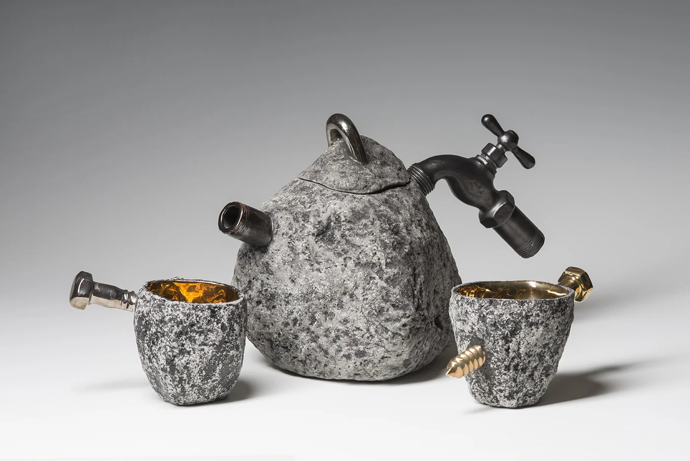   Rock Tea Pot w/ Cups , 1990 Earthenware, glaze, gold luster 8 x 12 x 12 inches 