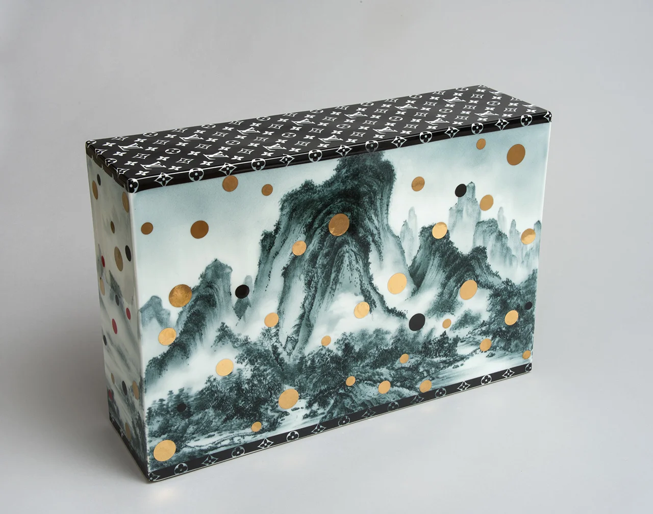   Chinese Landscape VII , 2015 Porcelain, oxide, glaze, decal, gold luster 16 x 24 x 6.5 inches 