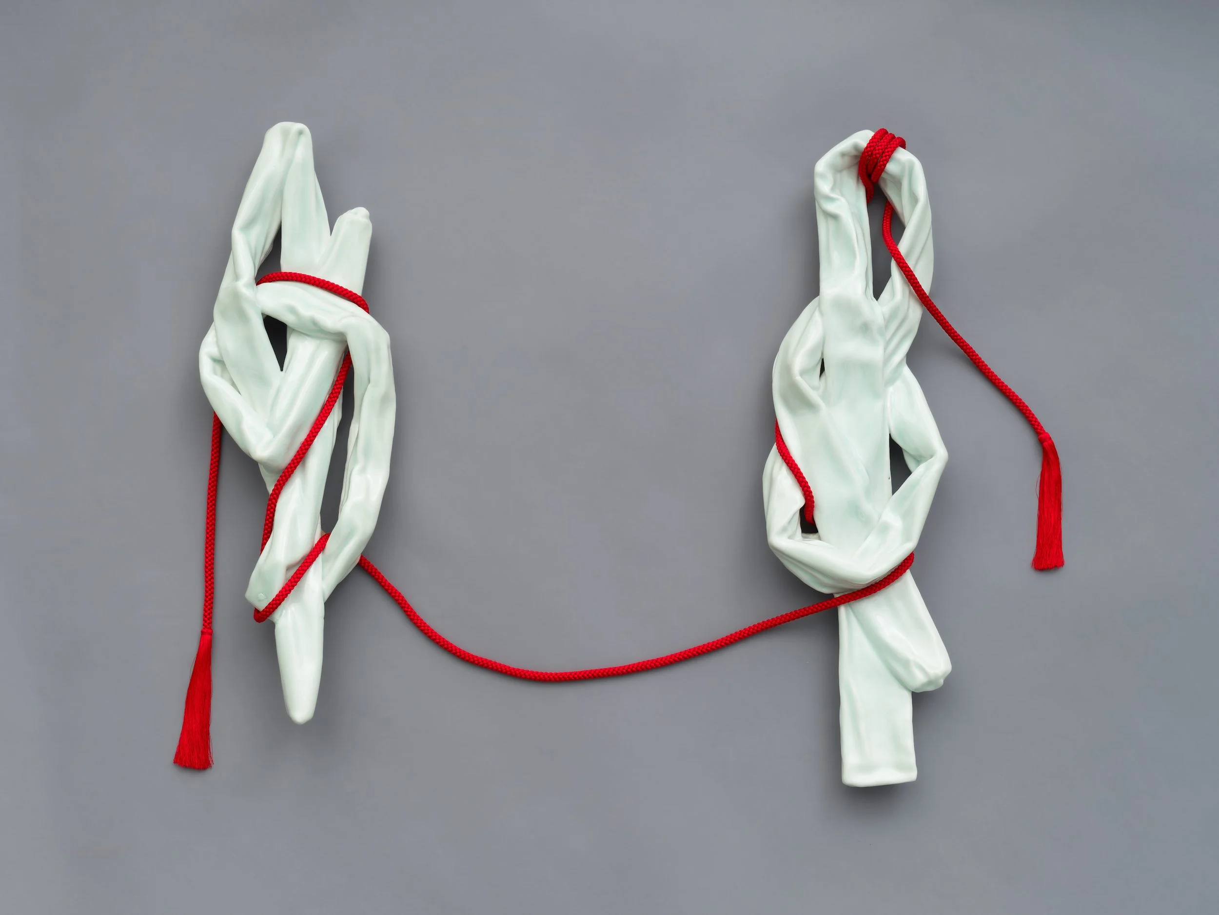   Meoto/Couple , 2024 24 x 28 x 3 inches Porcelain, Glaze, Silk Cord 