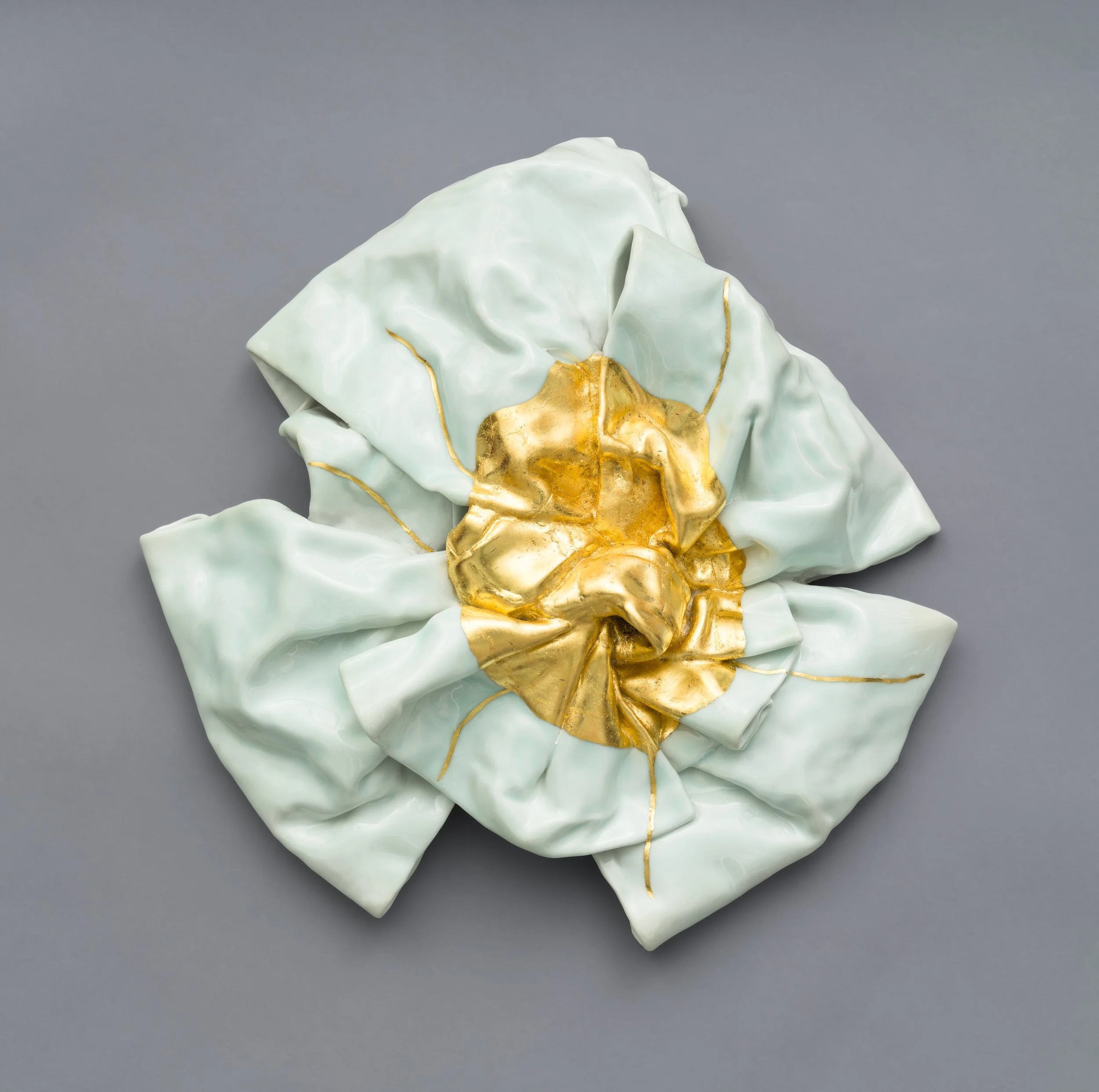   Obi I , 2024 16 x 17 x 4.5 inches Porcelain, Glaze, Gold leaf 