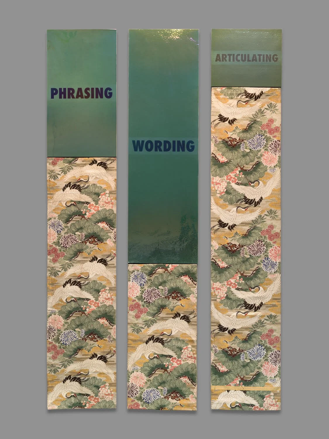   Neither Obi/WORDING , 2026 Porcelain, Glaze, Pearl PVD, Obi sash, Decal&nbsp; 70 x 42 x 1 inches 