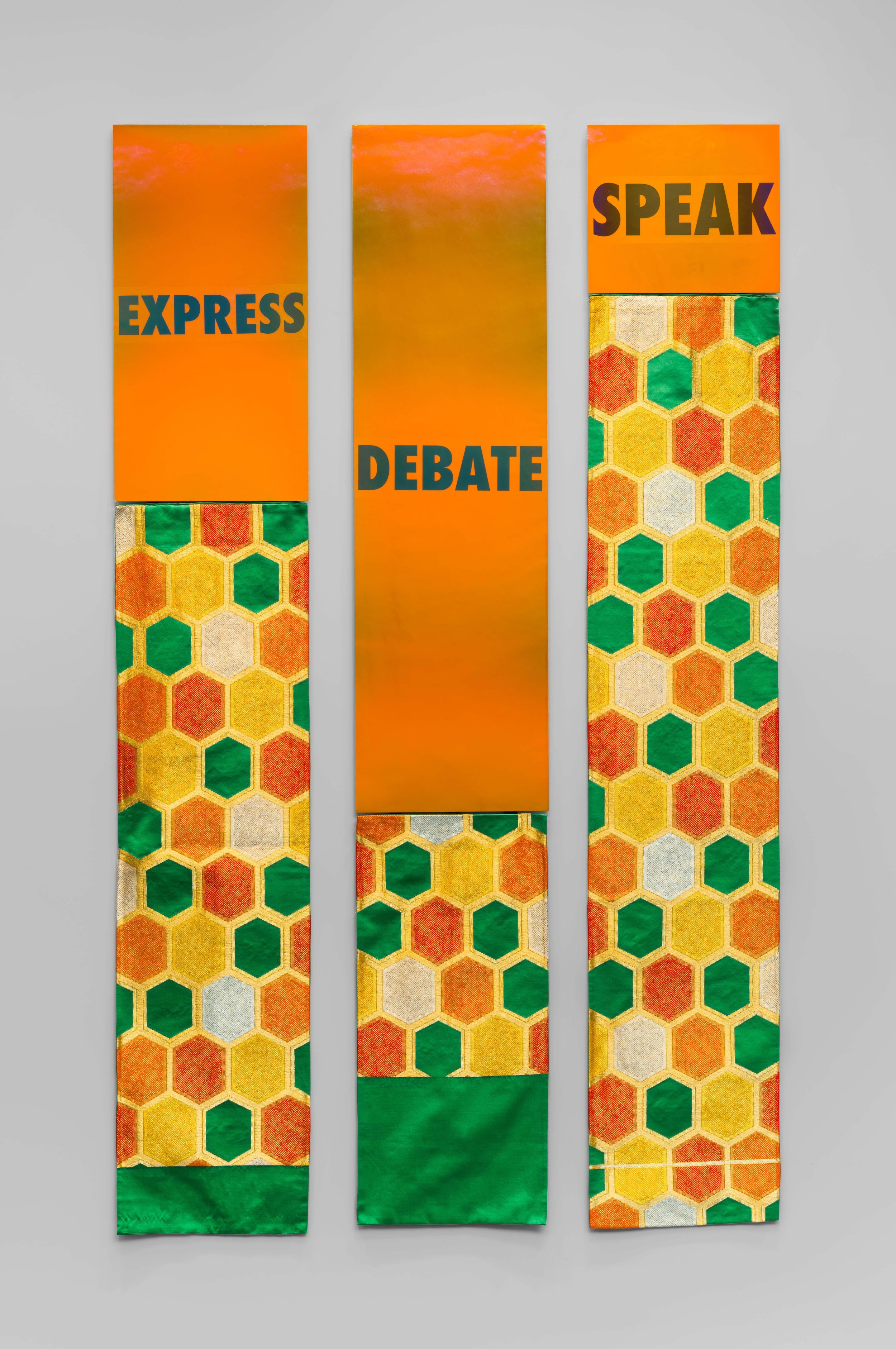  Neither Obi/DEBATE , 2025 Porcelain, Glaze, Pearl PVD, Obi sash, Decal&nbsp; 70 x 42 x 1 inches 