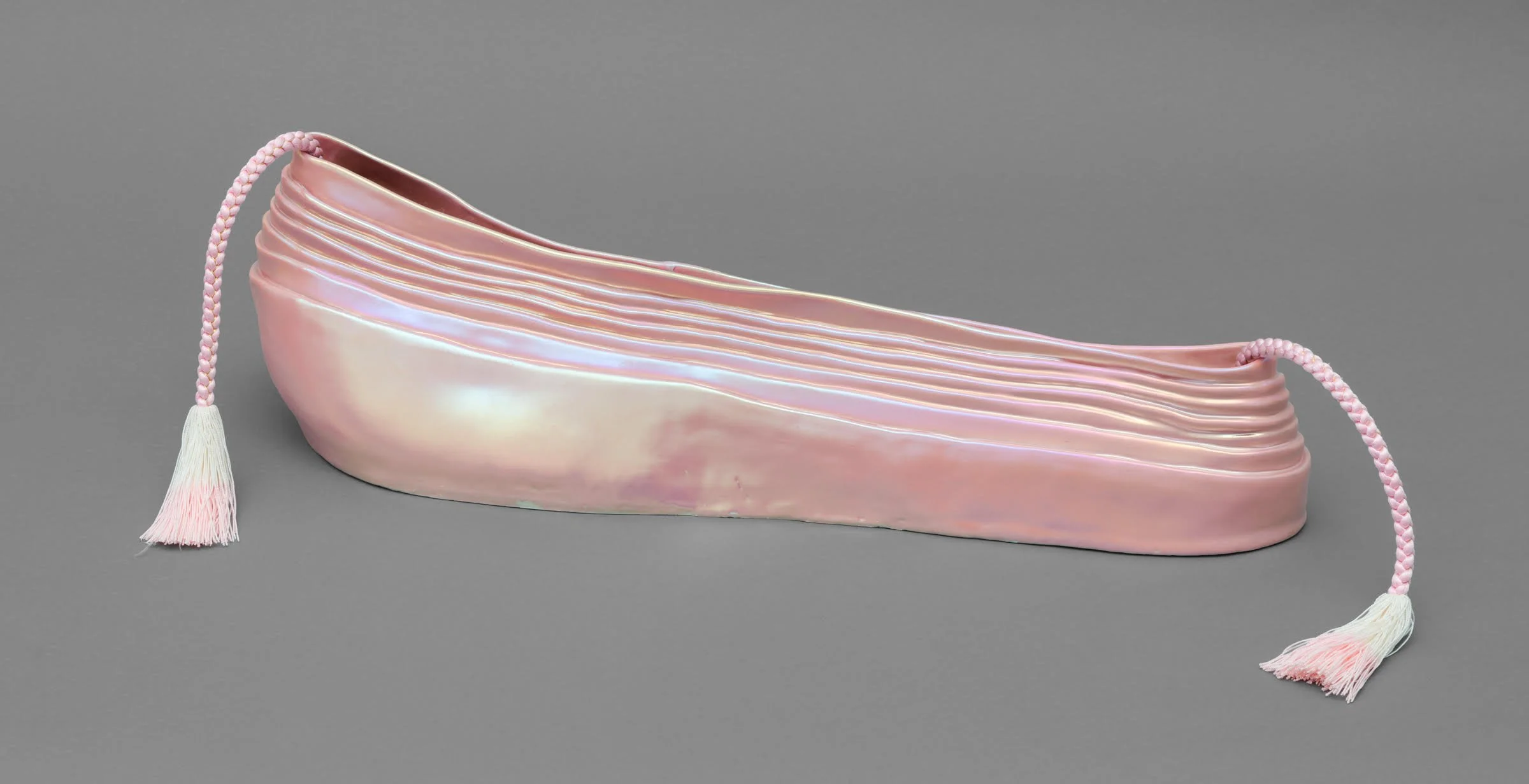   Mudai II , 2026 Porcelain, Glaze, Pearl PVD, Kumihimo&nbsp; 8 × 28 × 7 inches 