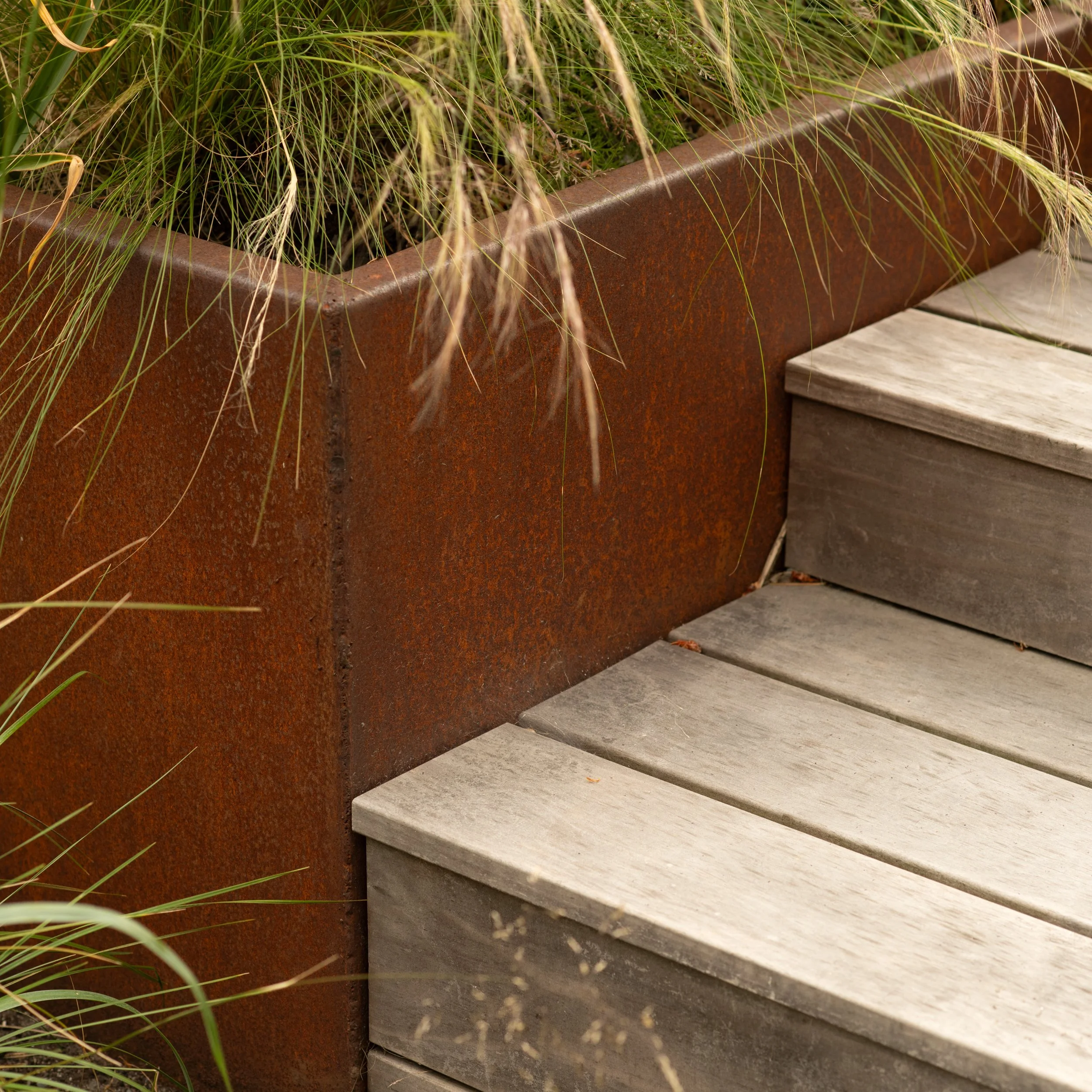 Detail of Green Theory planting beds and steps to deck.