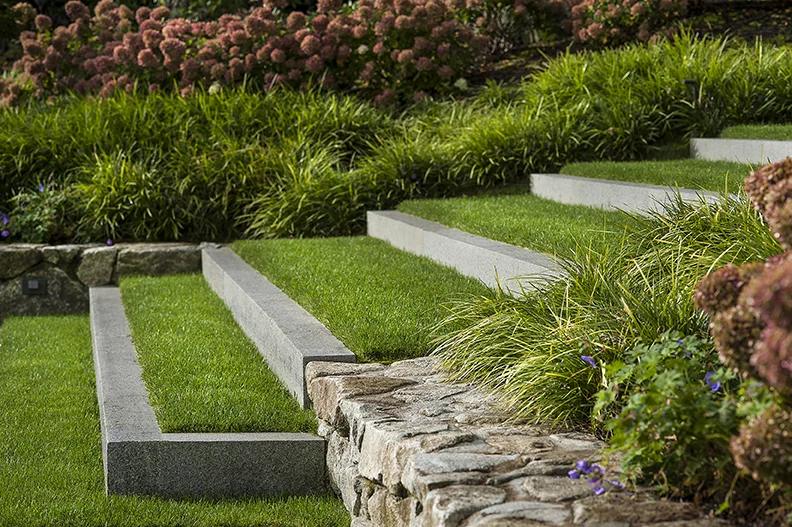 Elegant steps coincide with walls and lush plantings soften edges