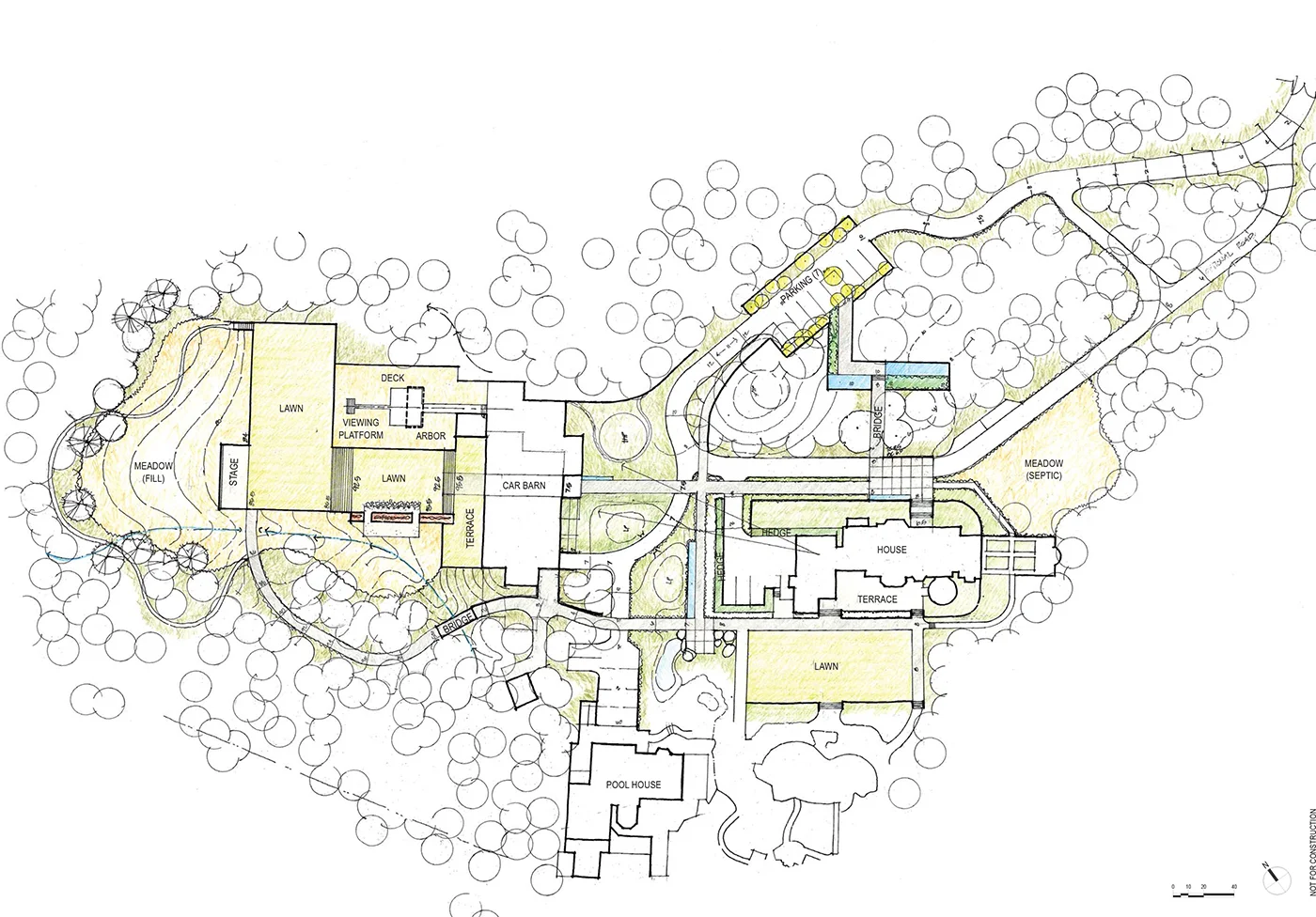 The Multi-use Building: acquisition of adjacent property and the addition of the new structure required reconsideration of the circulation patterns, and resulted in a revised concept plan for the site. A new multi-use building, including a garage, gym, art studio is under design on the recently acquired adjacent five-acre parcel.