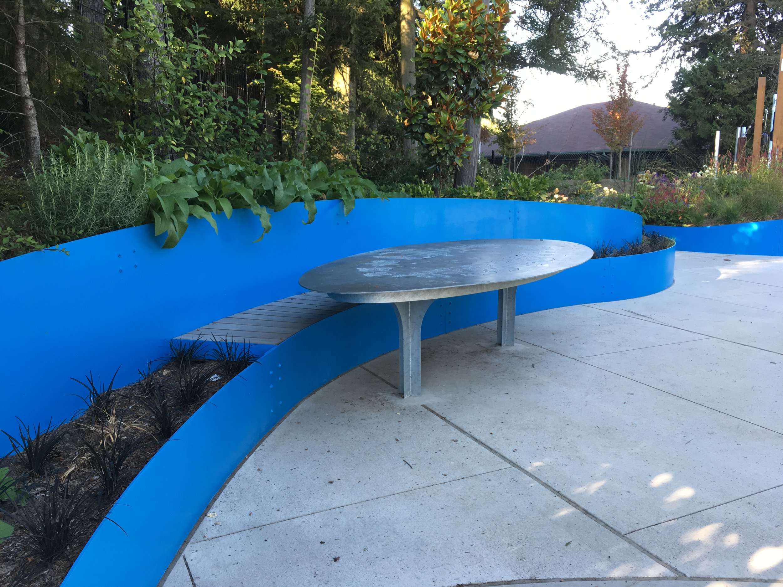 Finished Table nestled up to a permanent bench with plenty of room for wheelchairs