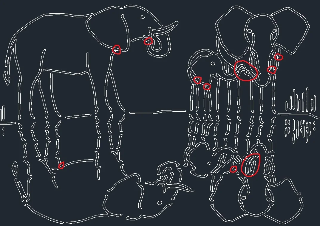 Drawing translated to CAD. Special attention needed at circled areas where lines intersect or are too close. White lines are where the laser will cut.