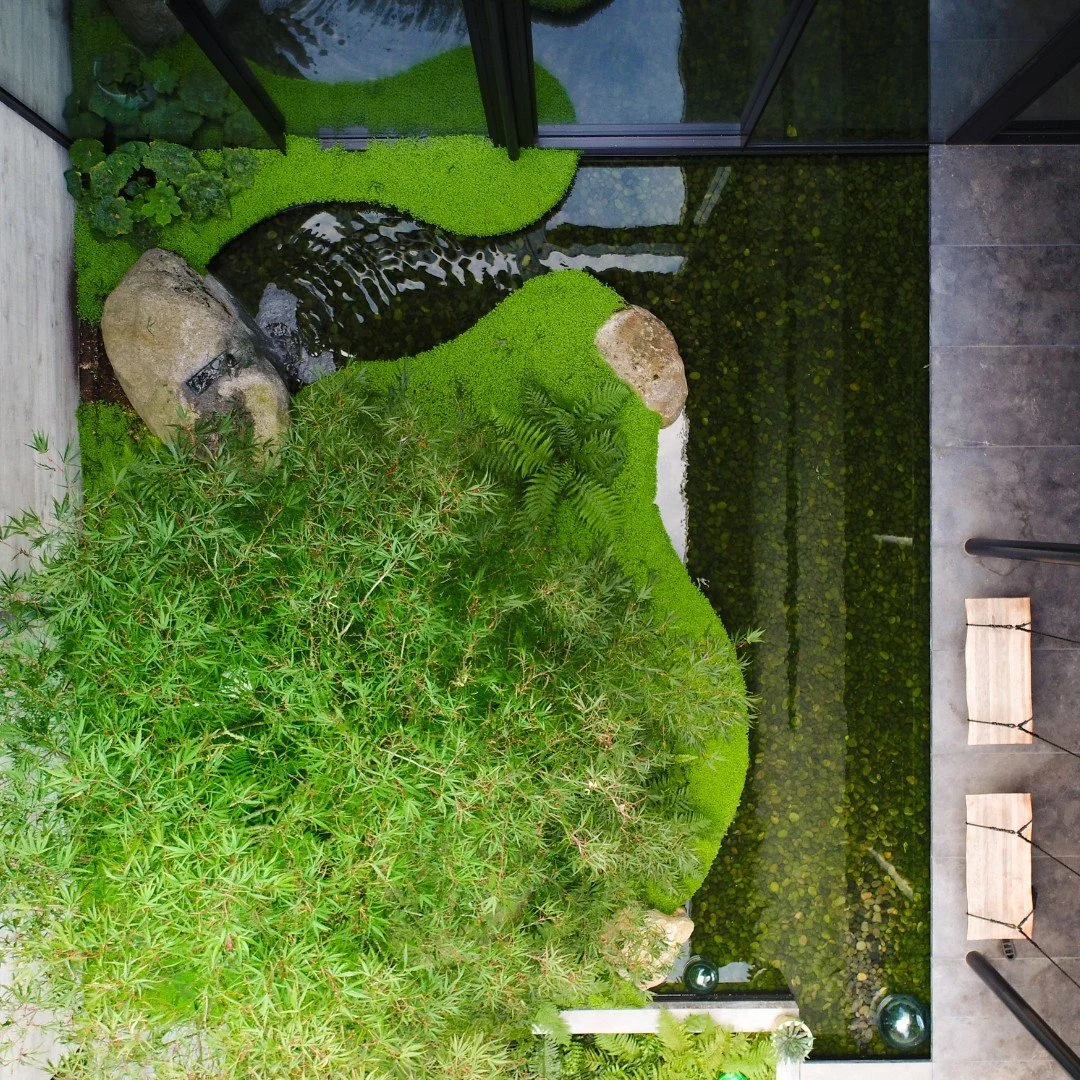 At The Perch, plantings in the private courtyard garden feature a lush covering of baby&rsquo;s breath, soft shield ferns, and mayapple. Hand-selected boulders and a specimen maple tree complete the serene space.

The Perch
Landscape architecture: @l