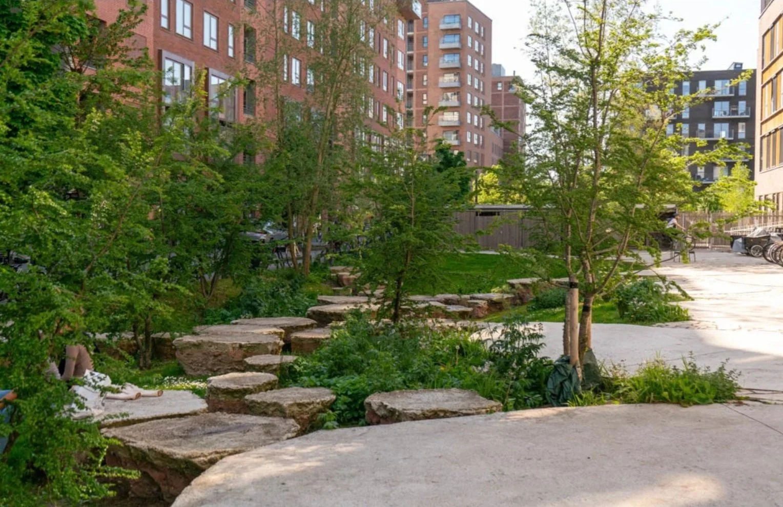 Boulder walkway through stormwater feature
