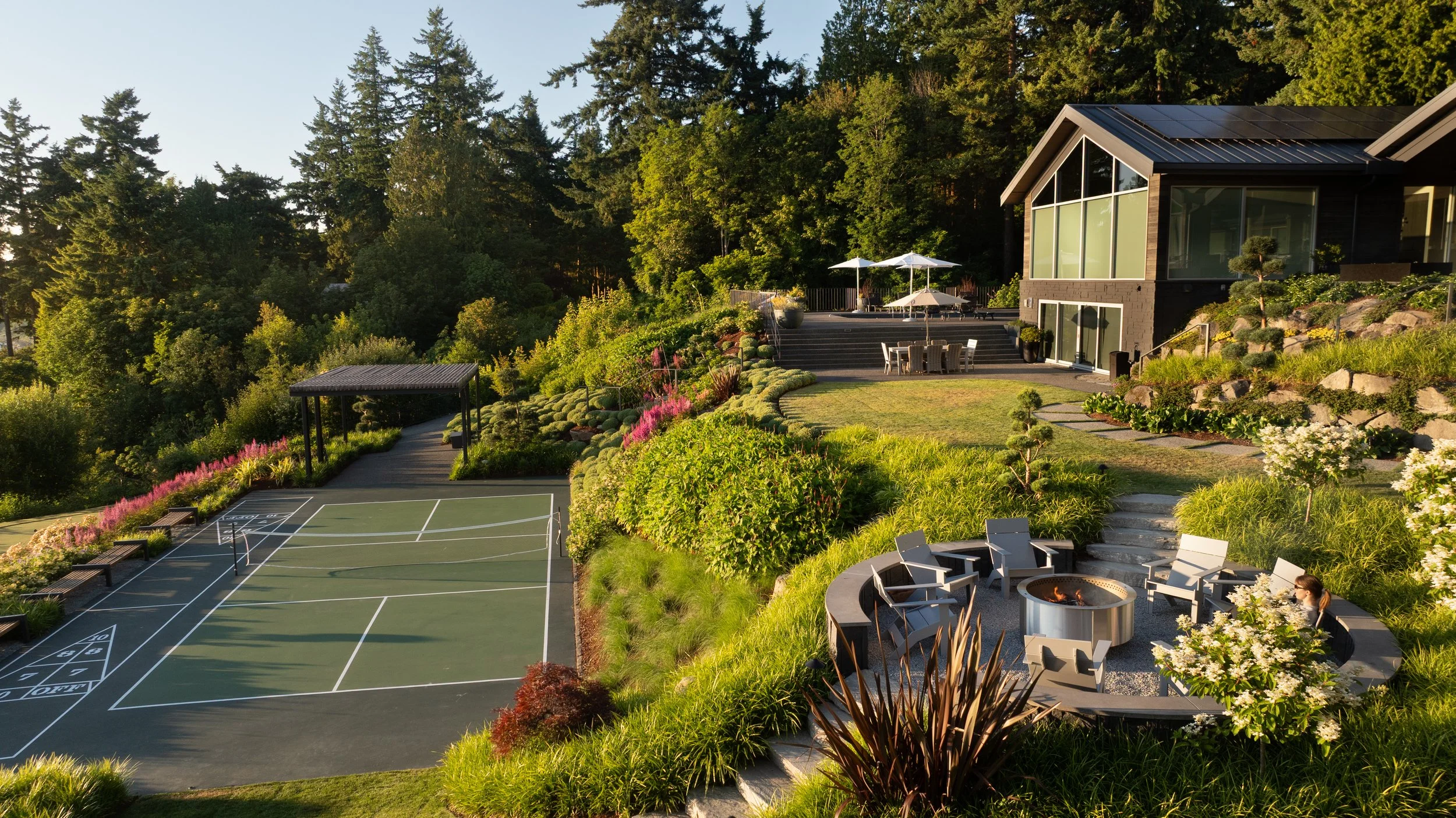 Sound View's pickleball court and fire feature