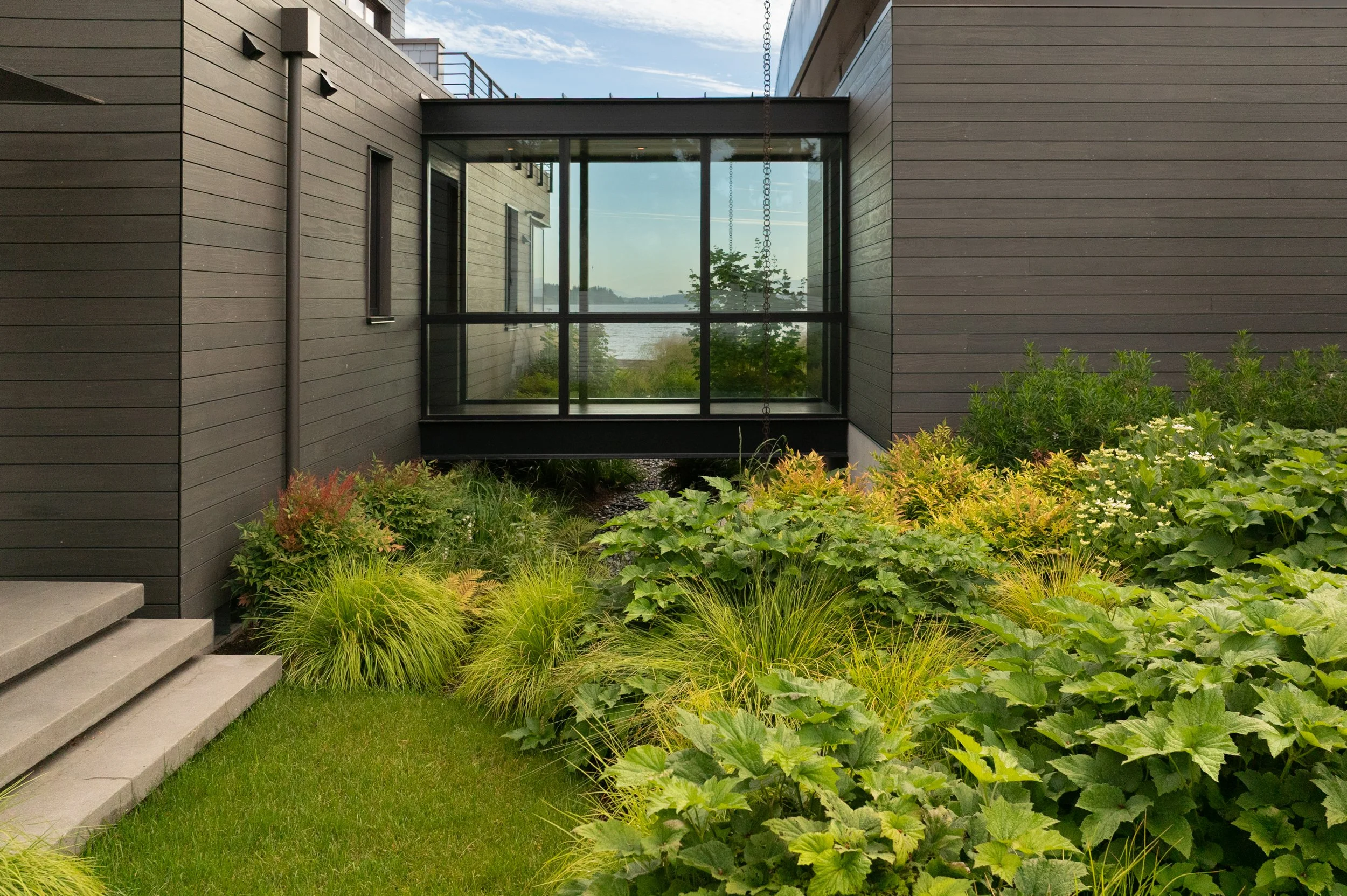 Glass walkway to primary suite is elevated over a dry stream channel.  Plants include Carex (Slough Sedge) and Honorine Jobert Japanese Anemone 