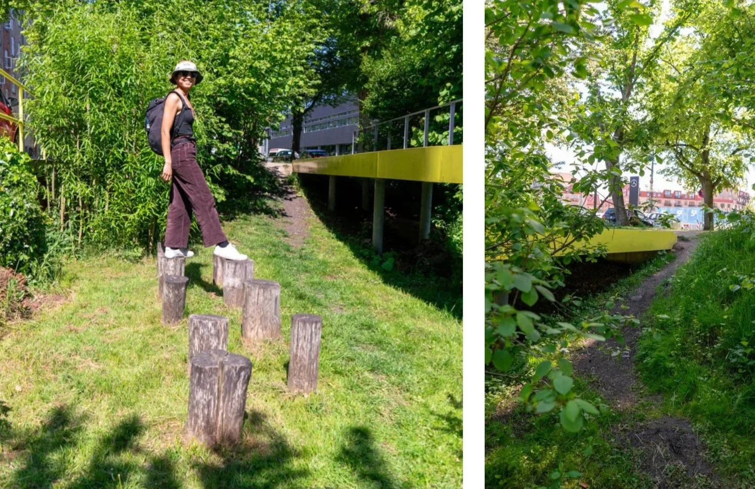 Nature play elements in stormwater swale