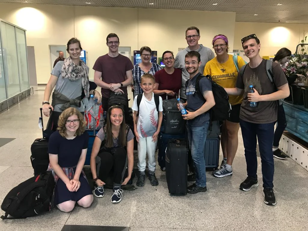 The entire Cornerstone team on arrival in Moscow… and smiling after finally get through our five hour lost baggage line!