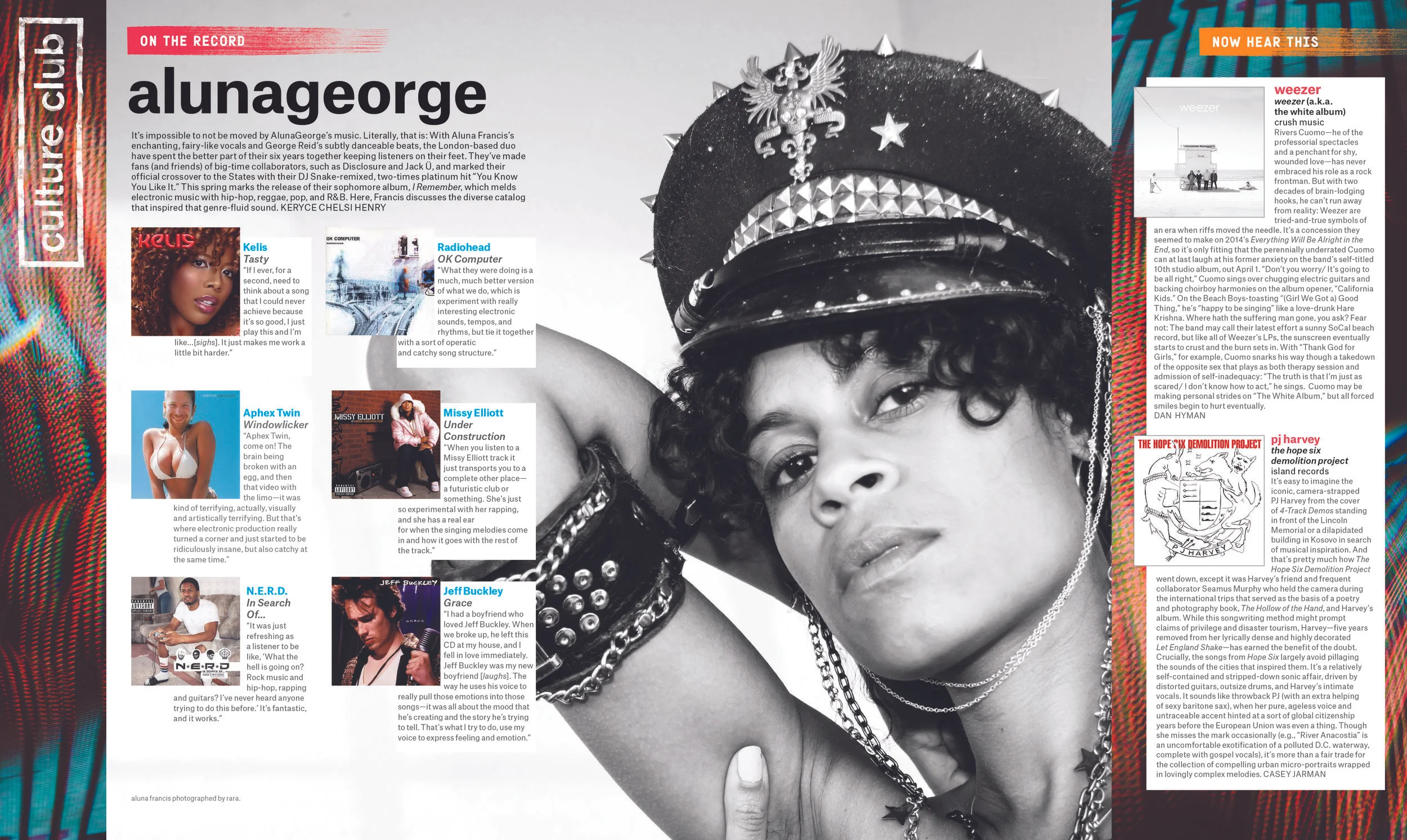 Playlist by AlunaGeorge; Weezer's Weezer album review; PJ Harvey's The Hope Six Demolition Project album review. ( NYLON April 2016. Written by Keryce Chelsi Henry; Dan Hyman; Casey Jarman. Aluna Francis photographed by Rara.)