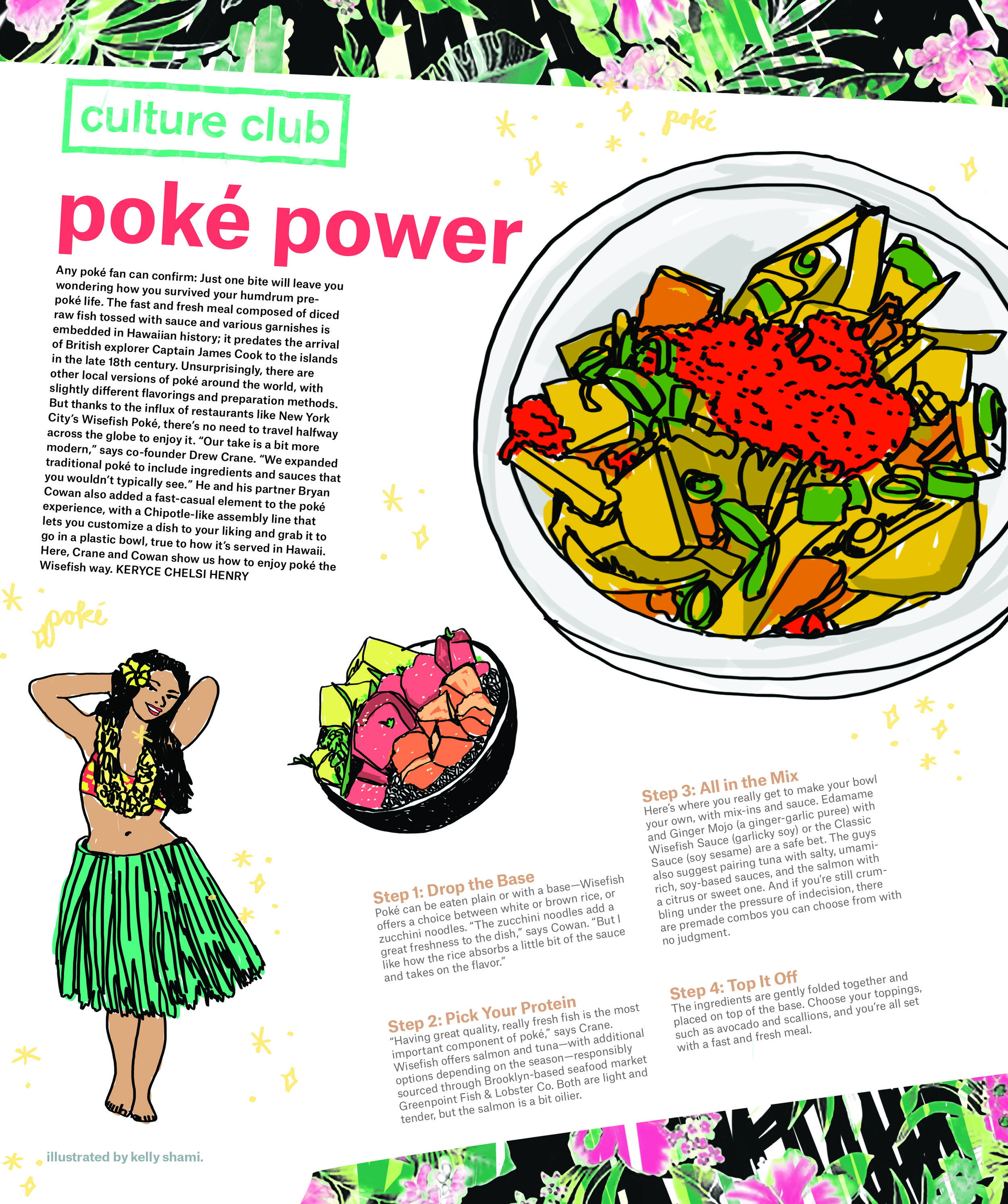  Interview with Wisefish Poké restaurant owners ( NYLON  April 2016. Illustrated by Kelly Shami.) 