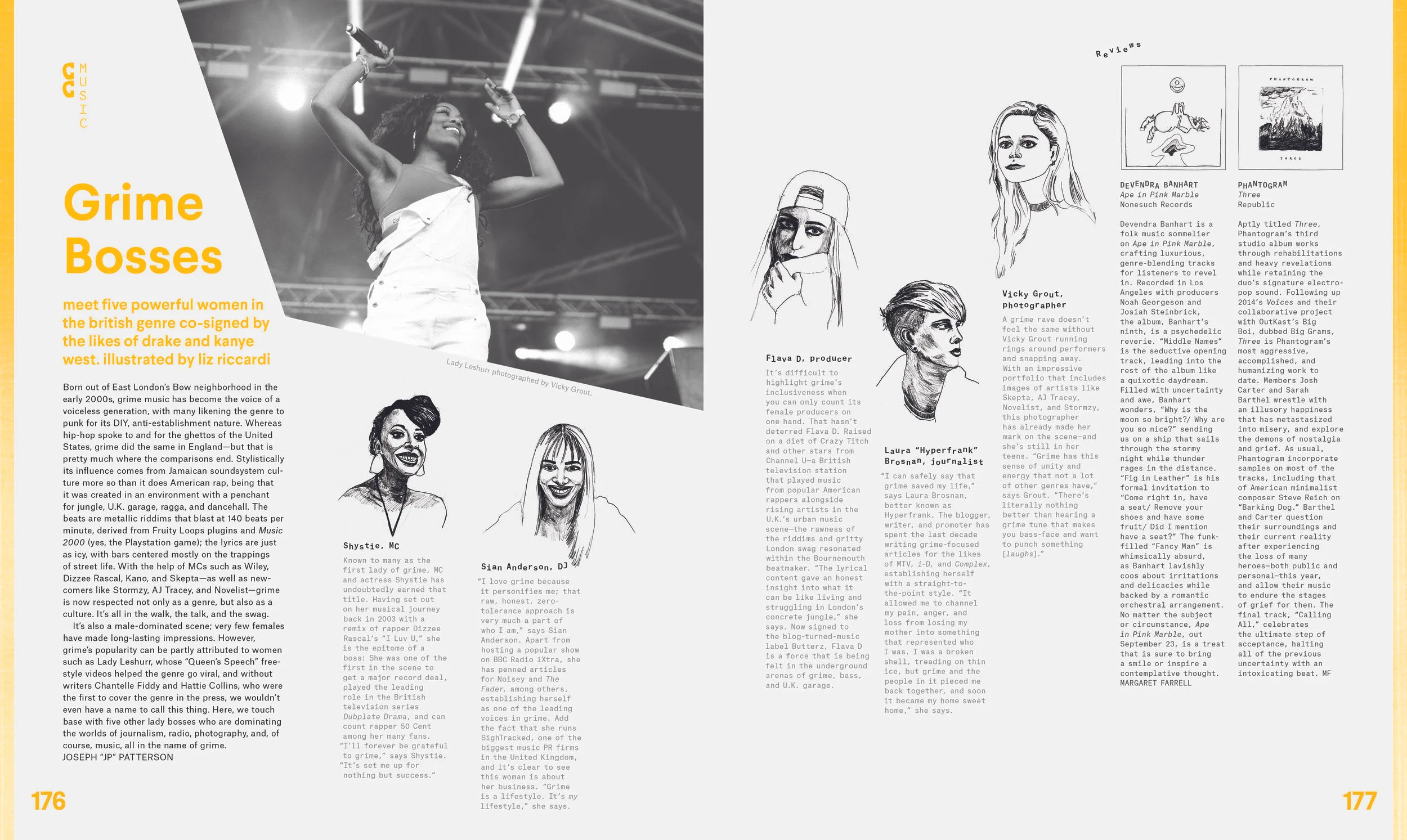 Roundup of women in grime; Devendra Banhart's Ape in Pink Marble review; Phantogram's Three review ( NYLON , September 2016. Written by Joseph "JP" Patterson; Margaret Farrell. Illustrated by Liz Riccardi.)