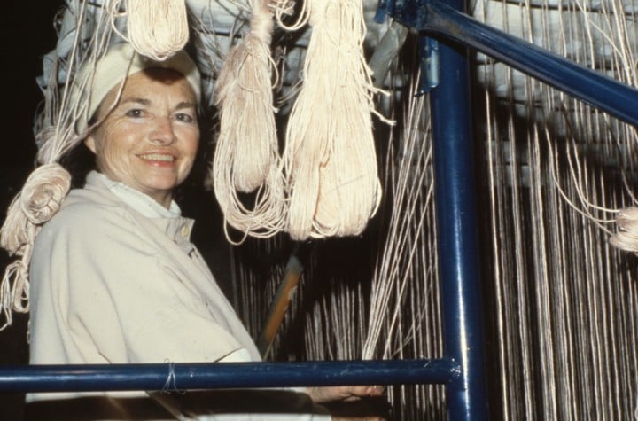 Lenore working in 1979. Photo by George Erml. Then Lenore’s loft in 1994 as photographed by William Seitz. And a blissed out working Lenore dressed to match her loom set up.