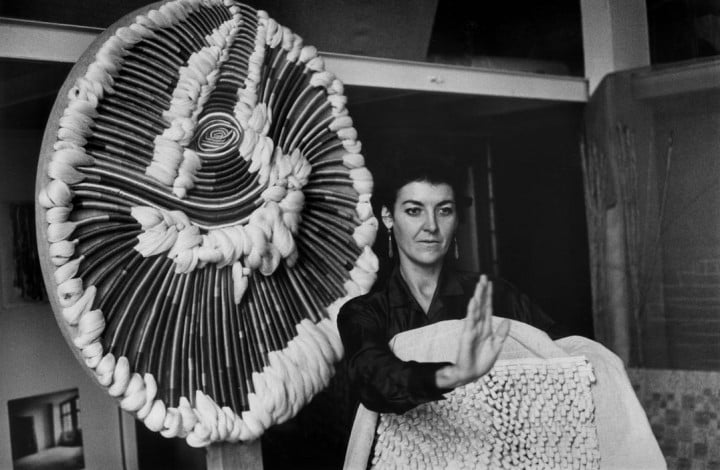 Grand Prayer Rug (1966), The Double Prayer Rug (1970), and a portrait of Sheila by Martine Franck , 1971.
