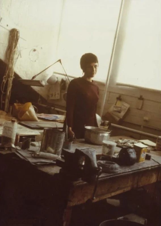 Eva Hesse then in her Bowery studio, NYC (1968)