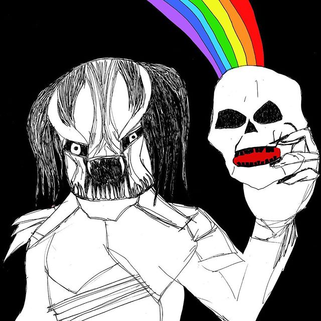 We&rsquo;re playing @theoldbar tonight with Synthetics and Tom Lyngcoln for the opening of the 1,000 Skulls art show. This is one of my contributions, &ldquo;Predator and Rainbow&rdquo;. Bands at 8, 9 and 10, $10 entry. Buy some art too- all proceeds