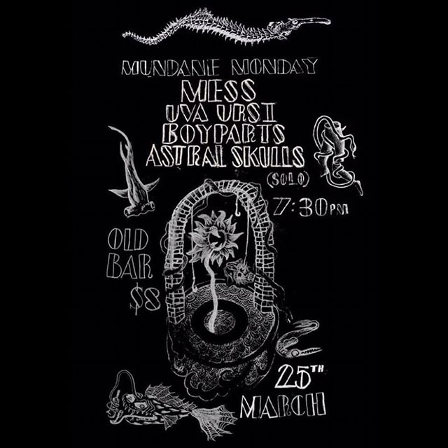 @astralskulls solo set happening at @theoldbar Monday March 25 with @messmelbourne, @uva.ursi_ and @boypartsmusic. 7.30pm / $8

Will be bringing myself, synth, guitar and the 404.

#astralskulls #mess #uvaursi #boyparts #theoldbar #nowave #postpunk #